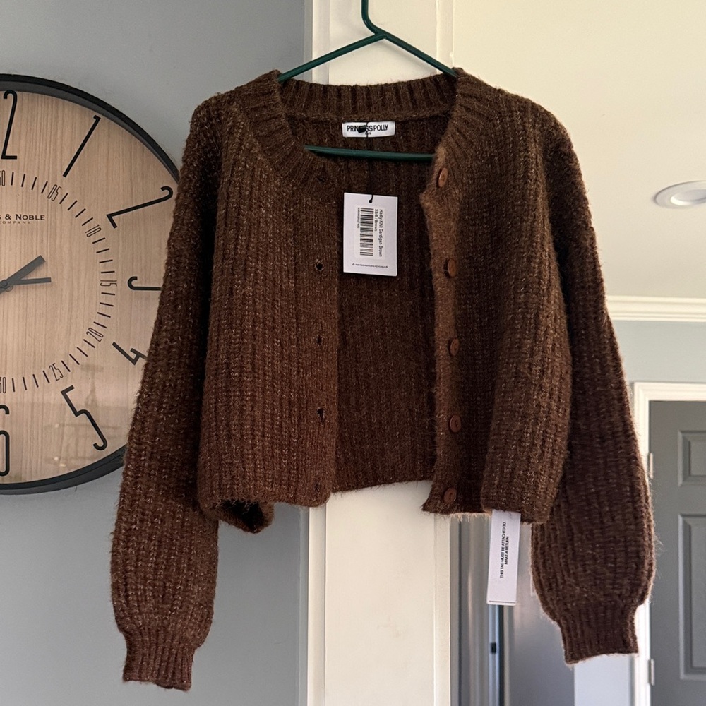 Brown Ribbed Knit Cardigan Sweater
